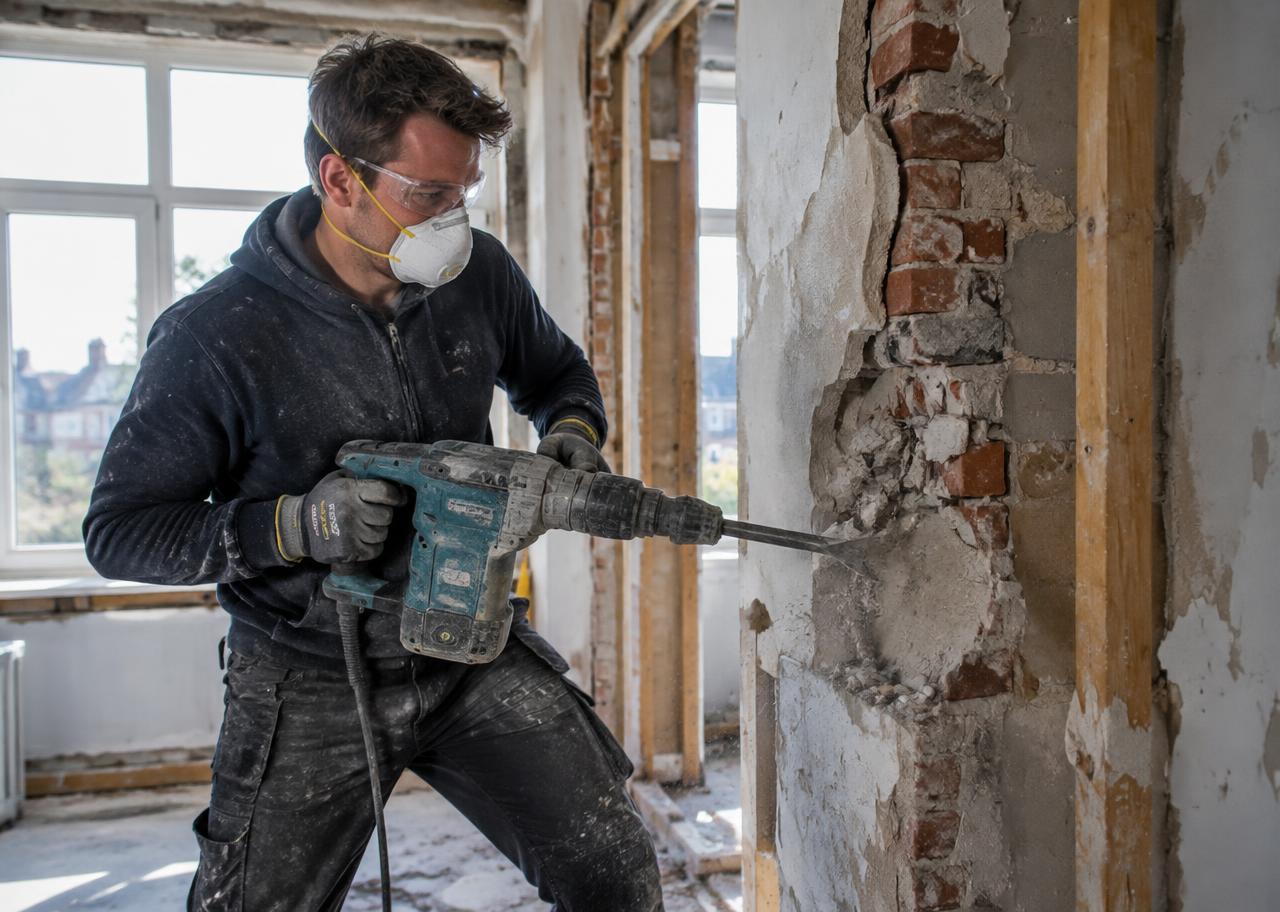 Vakman breekt een muur door tijdens een verbouwing